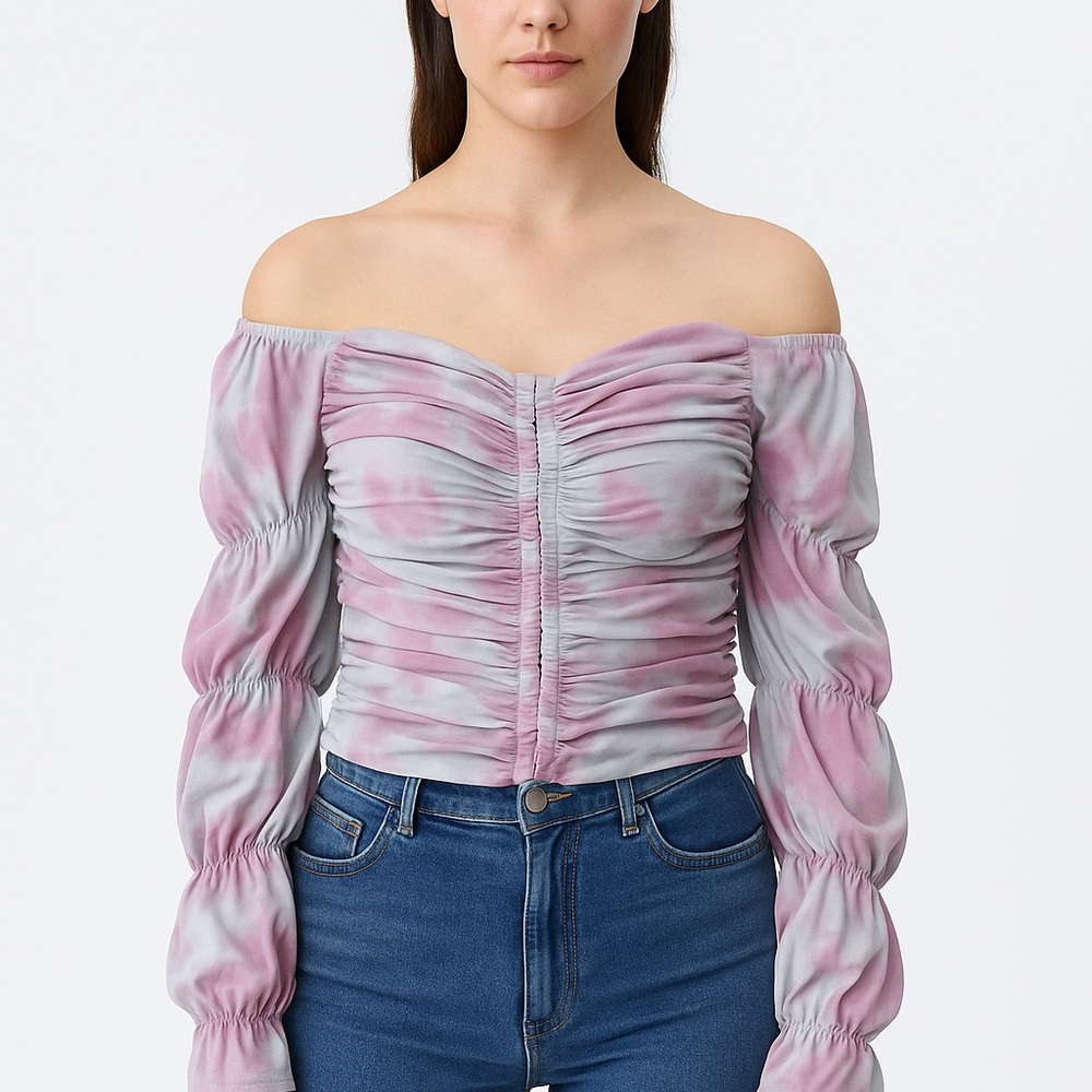 Free People Pink and Gray Off-Shoulder Ruched Top Size S